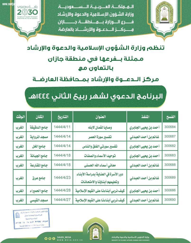 الشؤون الإسلامية في جازان تطلق البرنامج الدعوي لشهر ربيع ثاني بدعوة العارضة