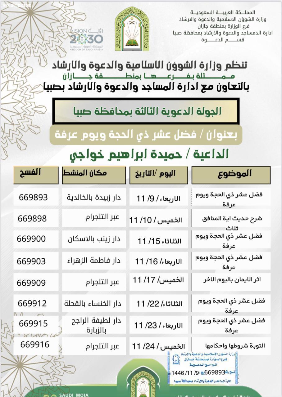 تحت عنوان  فضل عشر ذي الحجة ويوم عرفة  إسلامية جازان تُنظم الجولة الدعوية الثالثة بصبيا 