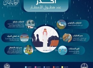 الدفاع المدني يهيب بالجميع توخي الحيطة لاحتمالية استمرار هطول الأمطار الرعدية الربيعية على بعض مناطق المملكة