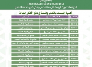 تُقام في أكثر من  25  جامع ومسجد بالمحافظة / إسلامية جازان تنظم الجولة الدعوية الرابعة بِقُرى محافظة صبيا 